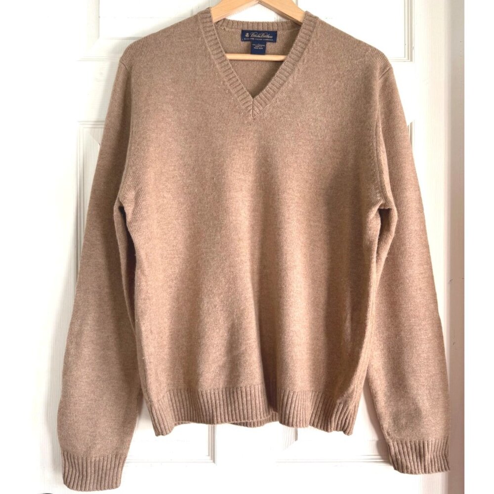 size L vintage Brooks‎ Brothers beige v-neck sweater mens lambswool